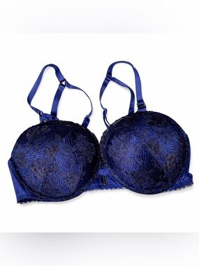 Victoria’s Secret Blue Lace Plunge Bra 36C Padded Underwire Front Clasp Sexy